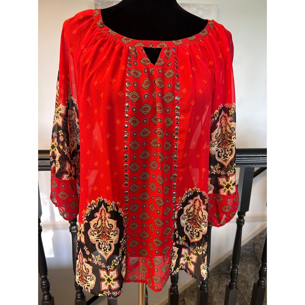 Olive Hill Womens Red Paisley Studded Sheer Blouse Top Medium 3/4 Sleeve Boho